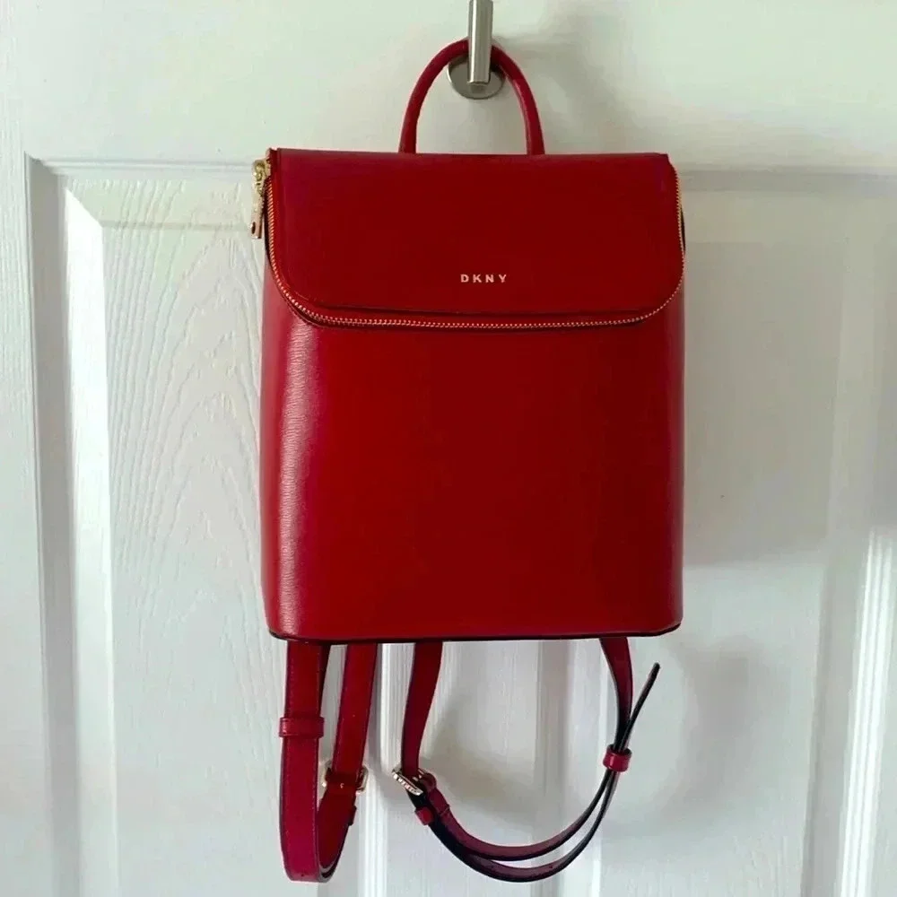 DKNY Bryant red Saffiano leather backpack with gold hardware